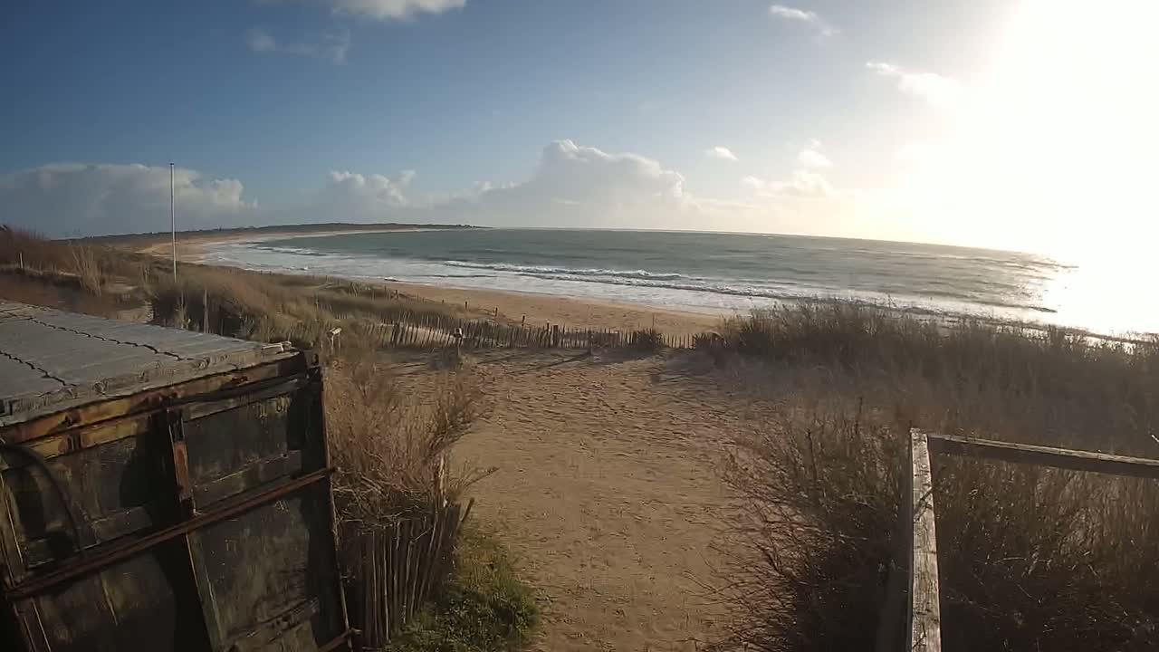 A sandy beach with gentle waves under a partly cloudy sky is partially obscured by scrubby vegetation and a rusty metal container.