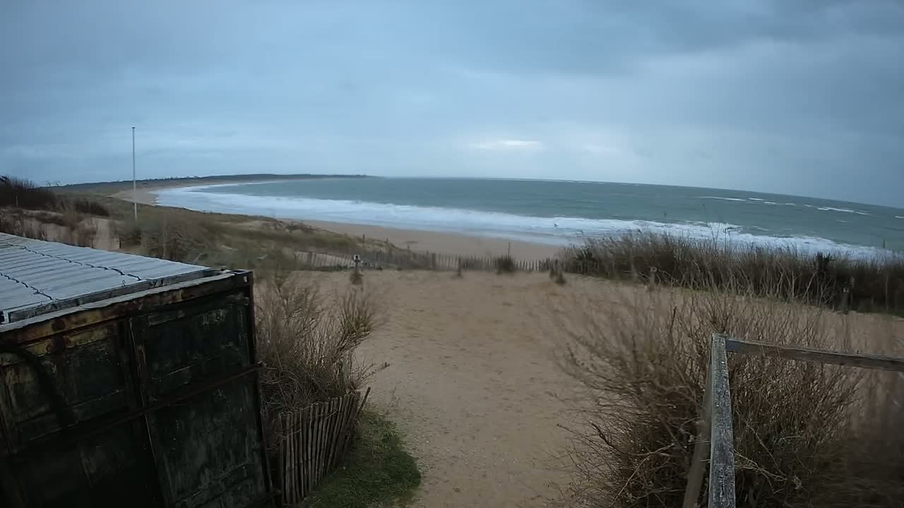 A view from a dune shows a grey, overcast sky over a wavy ocean and sandy beach, with a dark container and sparse vegetation in the foreground.