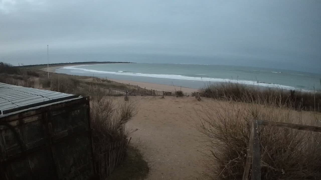 A dark-colored container sits on a dune overlooking a beach with gentle waves under a cloudy sky.
