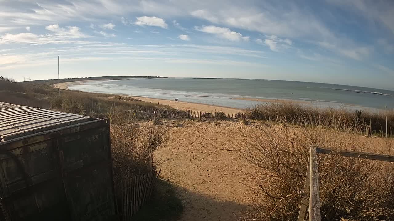 A sandy beach with calm, grey water under a partly cloudy sky is viewed from behind a weathered metal container and a wooden fence.