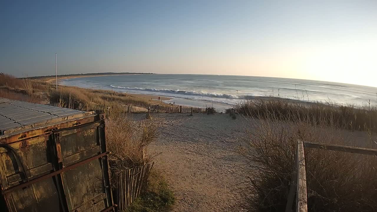A weathered metal container sits atop a sandy dune overlooking a beach with gentle waves under a clear blue sky.