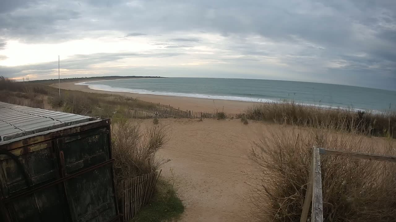 A sandy beach with gentle waves under a cloudy sky is seen from behind a weathered metal container and a wooden fence, with dried grasses in the foreground.