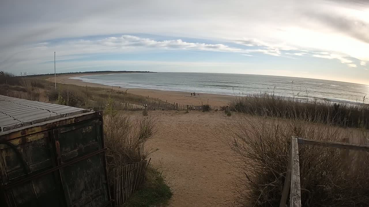 A wide, sandy beach with a calm ocean under a mostly cloudy sky is viewed from behind a weathered container and dune vegetation.
