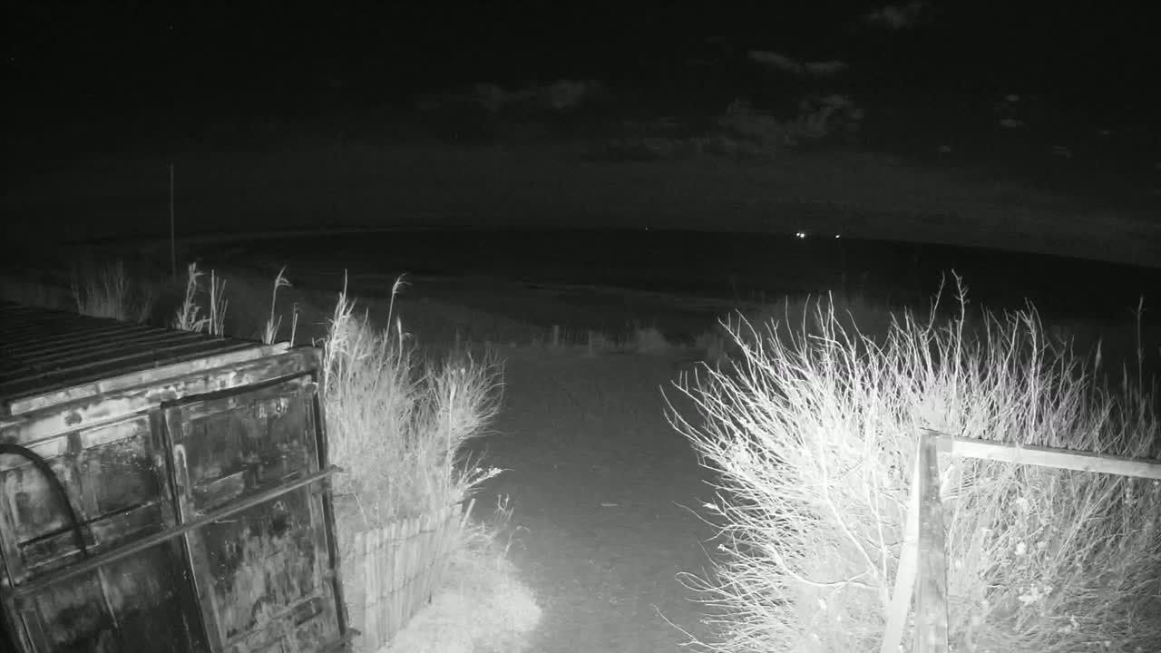 A nighttime, low-light image shows a dark metal container next to a path leading to a body of water under a partly cloudy sky.