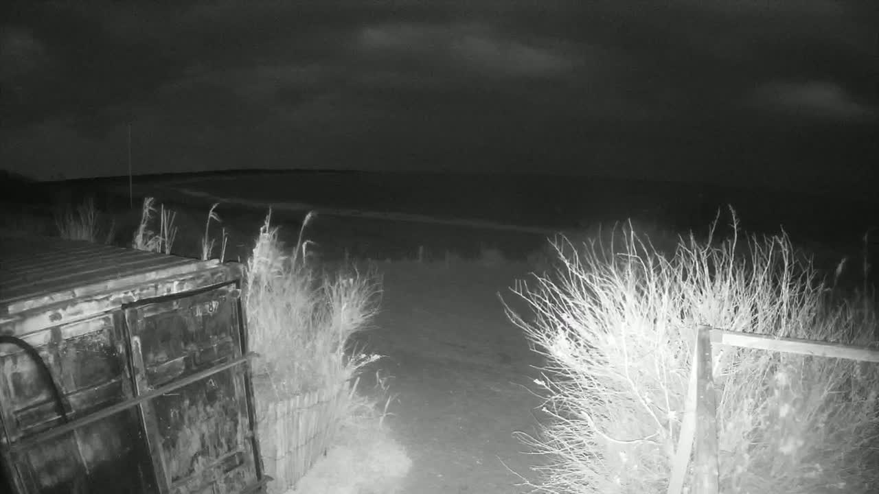 A nighttime, low-light image shows a dark metal container beside a dirt path that leads to a sparsely vegetated field under a cloudy sky.