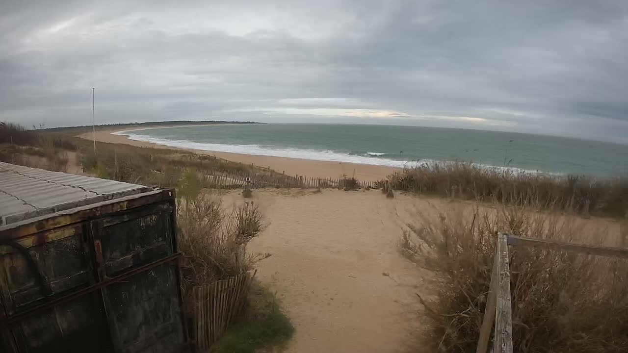 A view from a dune overlooking a sandy beach with gentle waves under an overcast sky.
