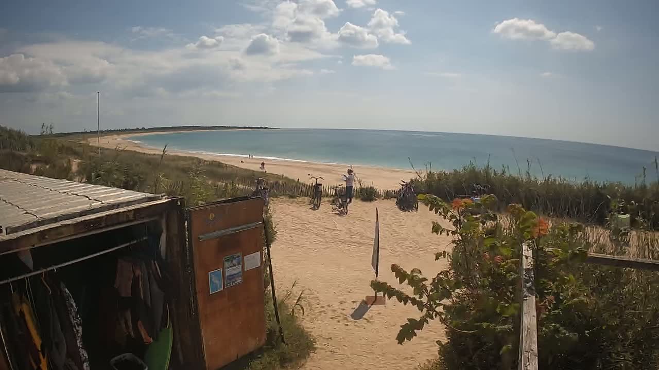 A sandy beach with calm, turquoise water under a partly cloudy sky is viewed from behind a weathered shipping container used as a storage unit, with several bicycles parked nearby.