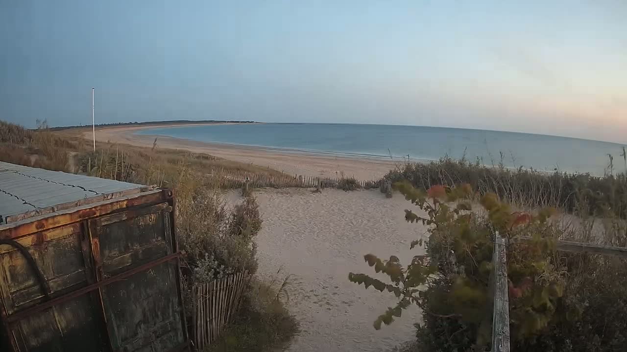 A rusty metal container sits near a sandy path leading to a calm ocean beach under a clear, pale sky.
