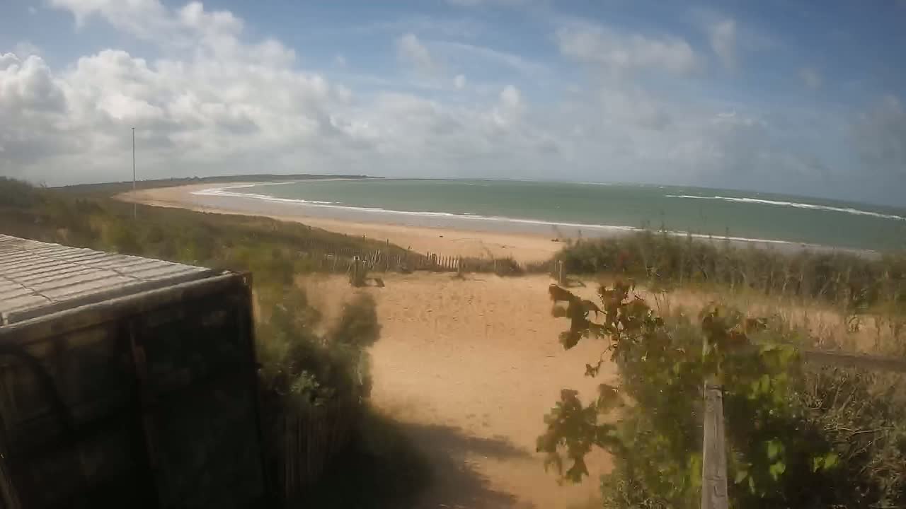 A sandy beach and calm ocean are visible from behind a portion of a dark-colored truck or container, under a partly cloudy sky.