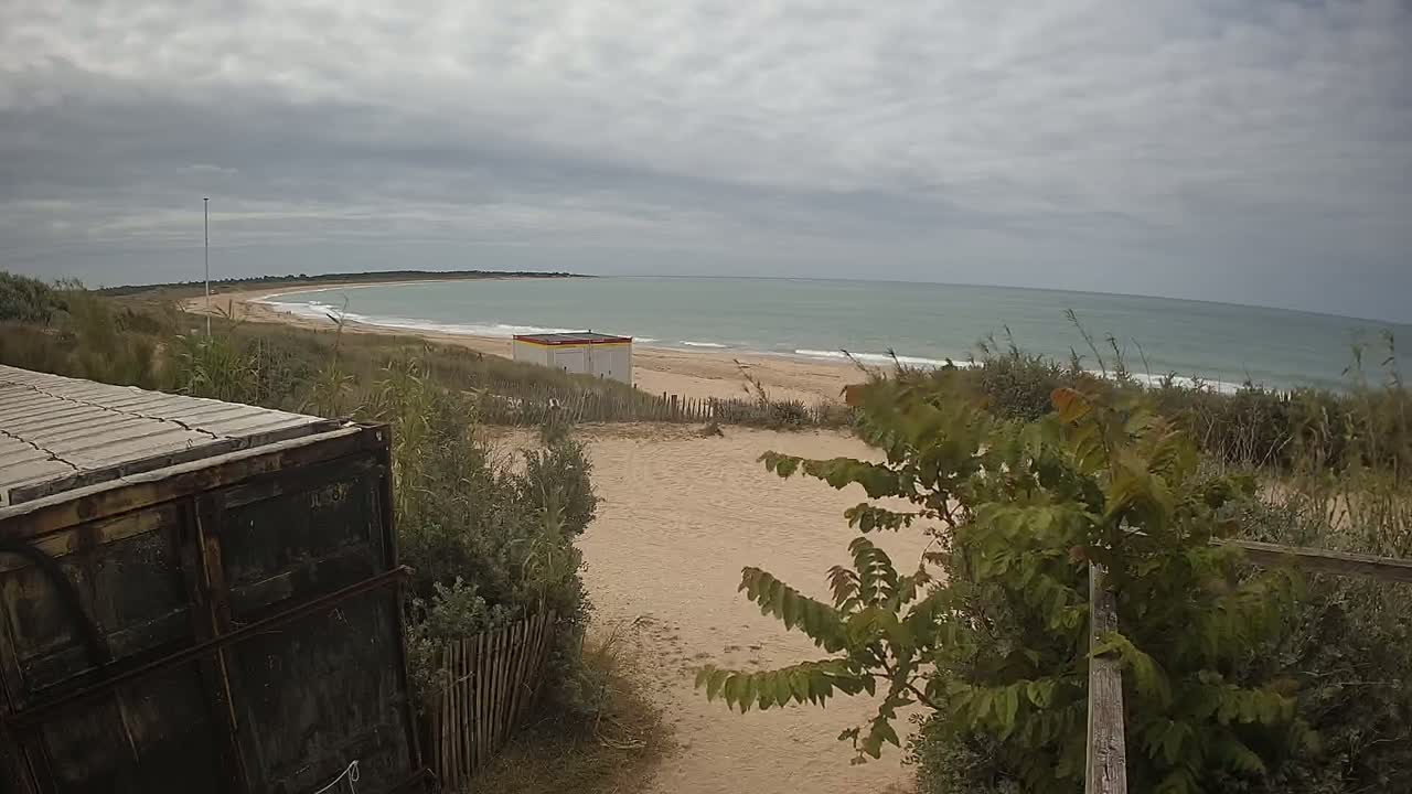 A sandy beach with a small building and calm, greenish-grey ocean under an overcast sky is viewed from behind a weathered container of stacked materials.