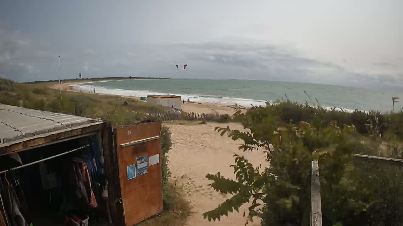 A sandy beach with a choppy ocean under an overcast sky is seen from behind a weathered shipping container used for storage, with kite surfers visible in the distance.