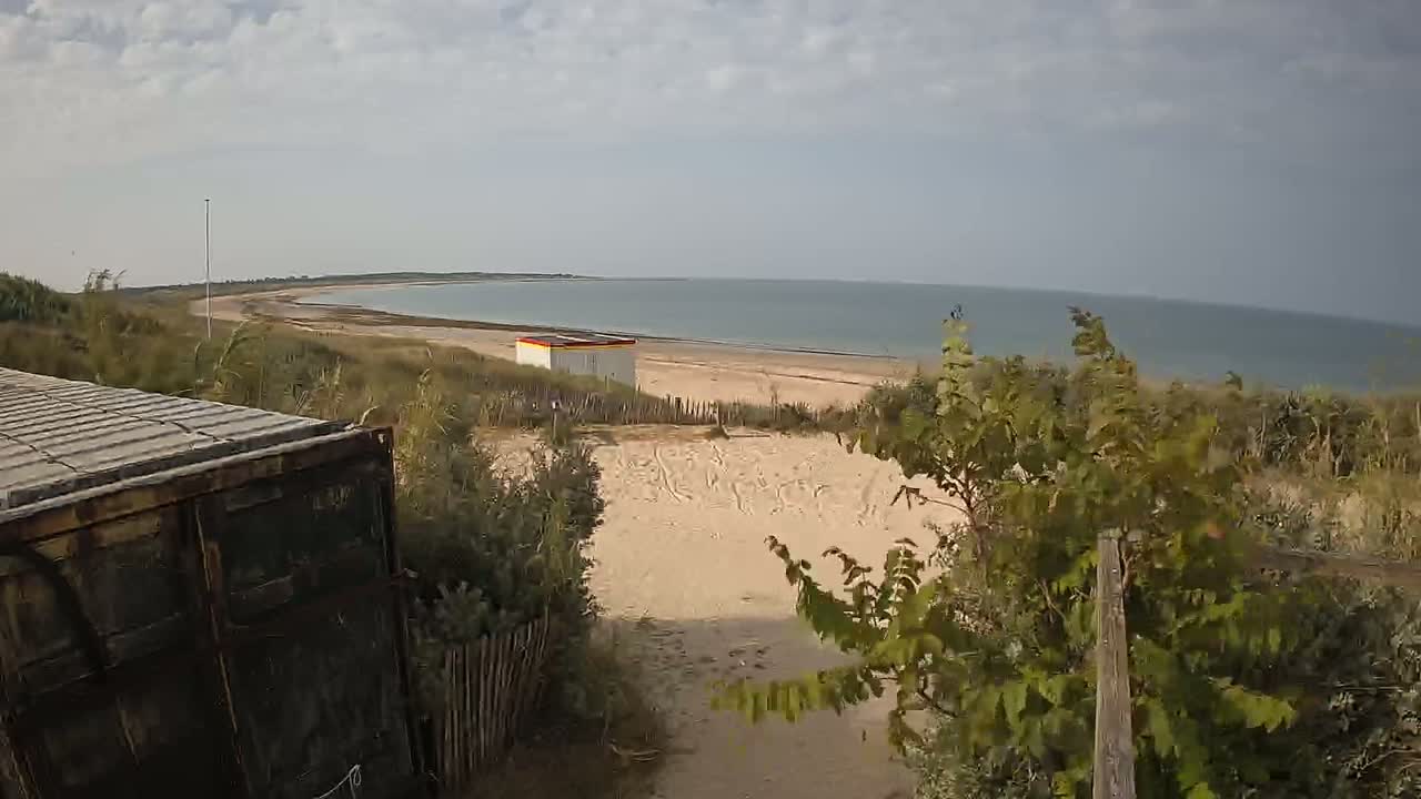 A sandy beach with a small building and calm ocean under a partly cloudy sky is partially visible from behind a dark-colored container.