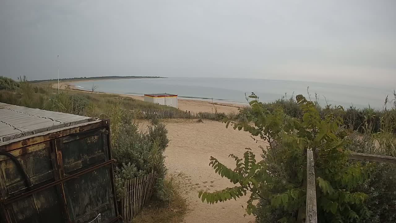 A view of a sandy beach with calm, gray water under an overcast sky, featuring a small building and vegetation in the foreground.