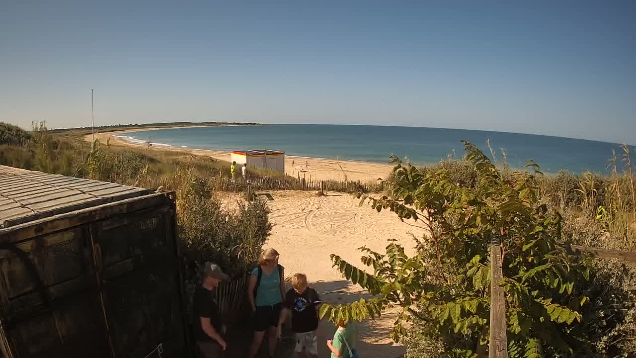 A sandy beach with calm ocean water under a clear sky is viewed from behind a dark-colored container, with a small group of people walking toward it along a sandy path.