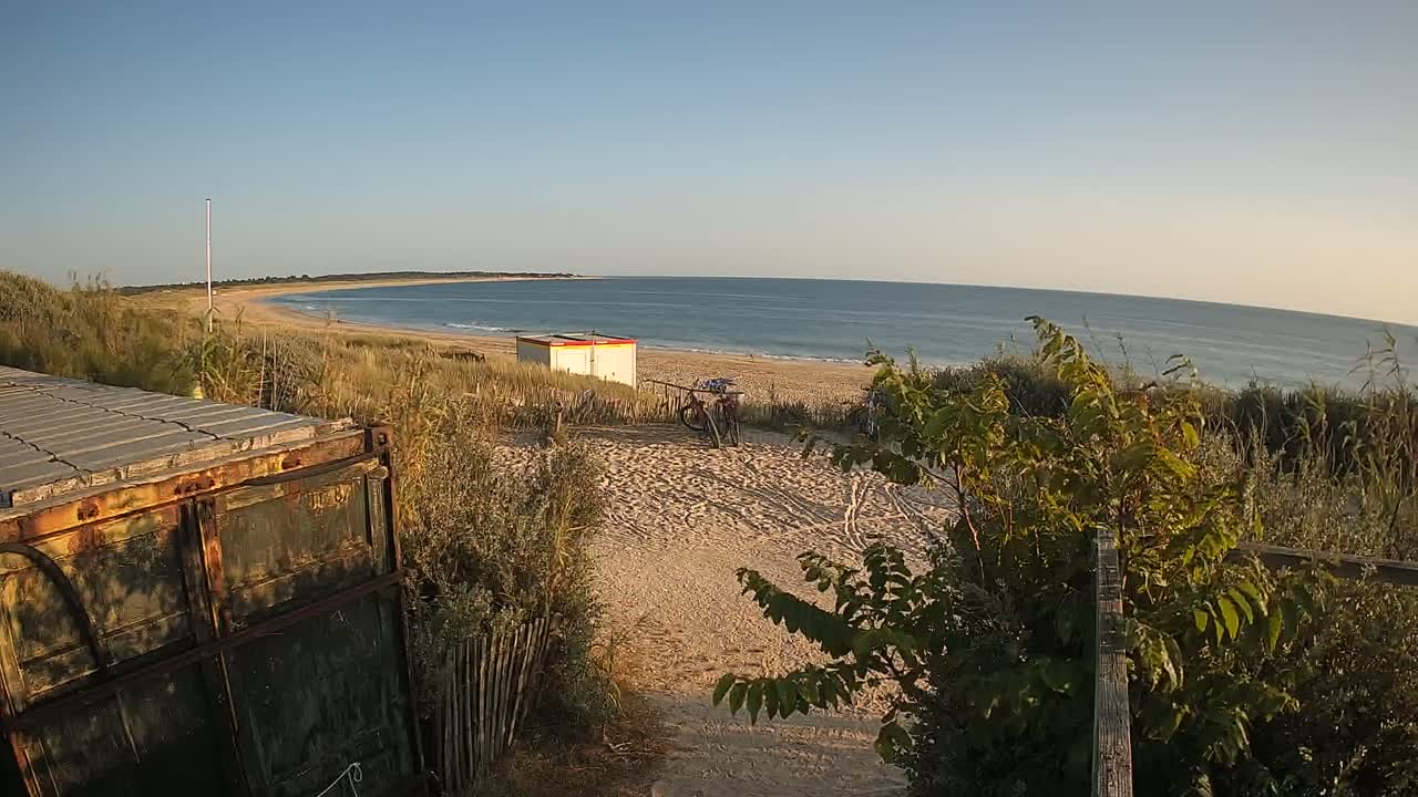 A sandy path leads to a beach with calm ocean waves under a clear blue sky, where two bicycles are parked near a small structure.