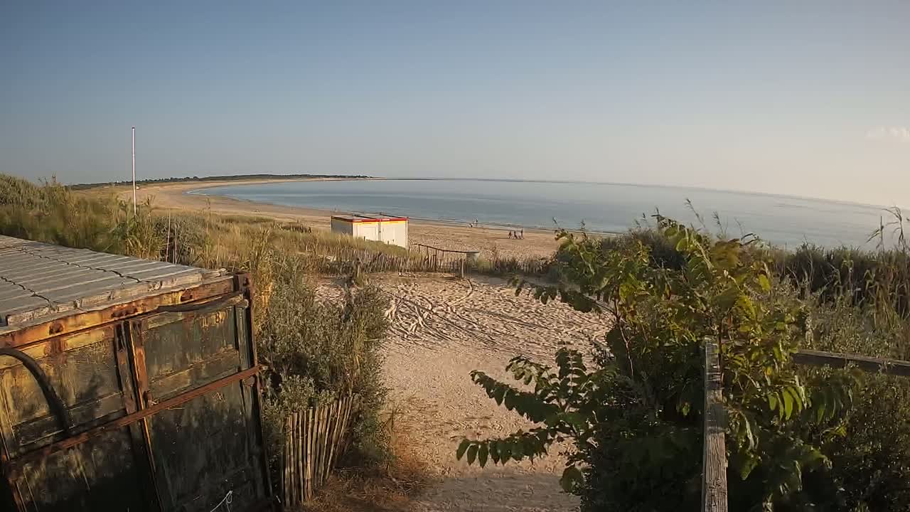 A rusty container sits near a sandy beach path overlooking a calm ocean under a clear blue sky.