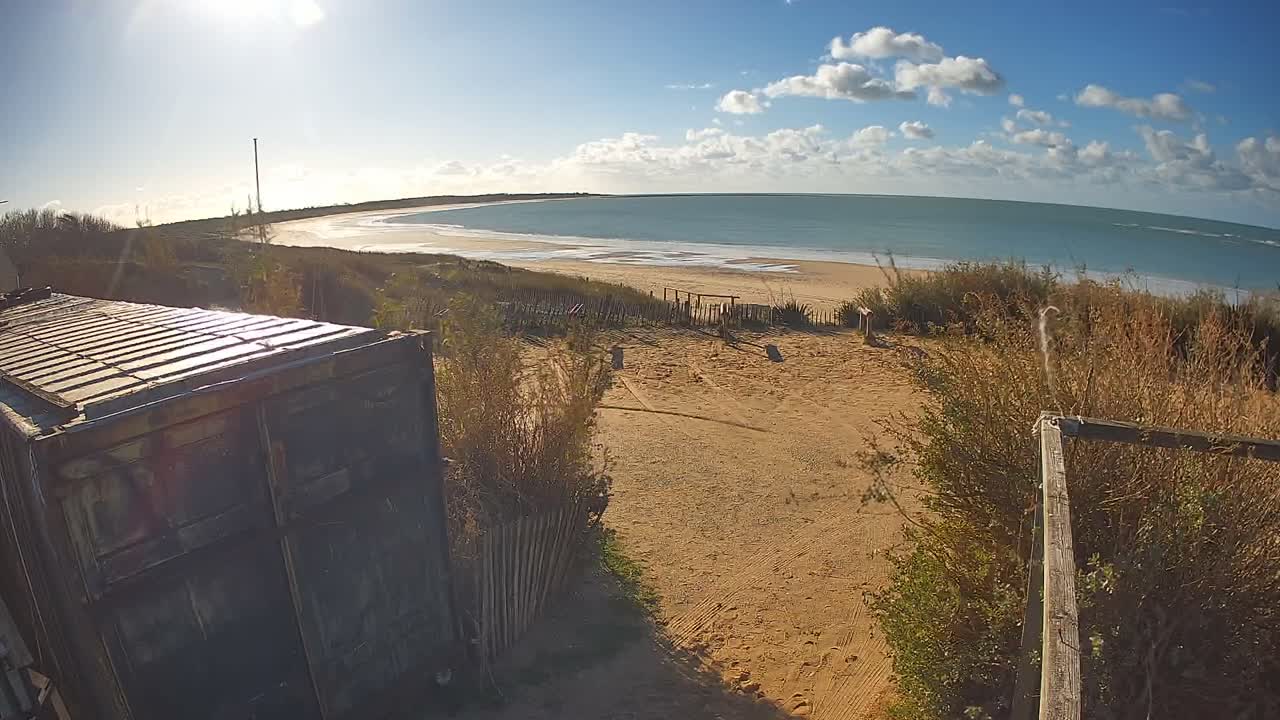A bright, sunny day with scattered clouds illuminates a weathered dark container in the foreground, overlooking a sandy path and beach that curves into the calm blue ocean.