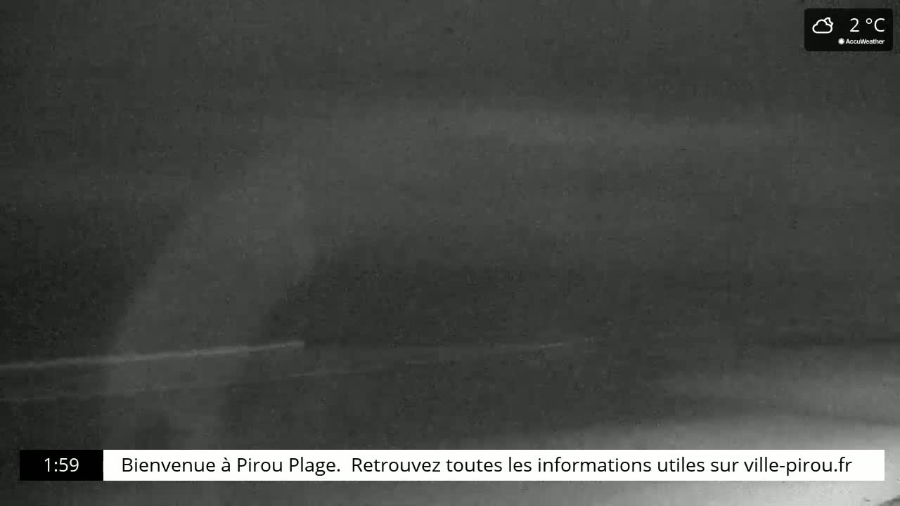 A dark, nighttime scene shows a blurry, indistinct view of what seems to be a beach or shoreline under cloudy, 2°C weather.
