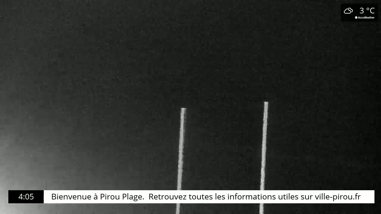 A dark, nighttime scene shows two vertical, bright white lines against a mostly black background under cloudy, 3°C weather conditions.