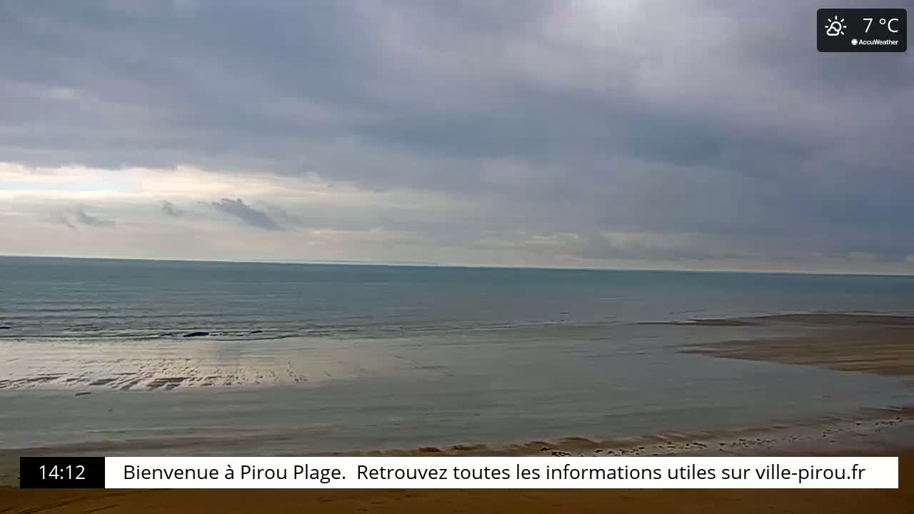 A mostly cloudy, 7°C day shows a wide sandy beach and calm ocean water receding to reveal exposed sand.