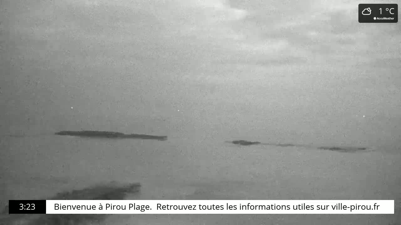 A grayscale, long shot shows a calm body of water with low-lying landmasses in the distance under a cloudy, 1°C sky.