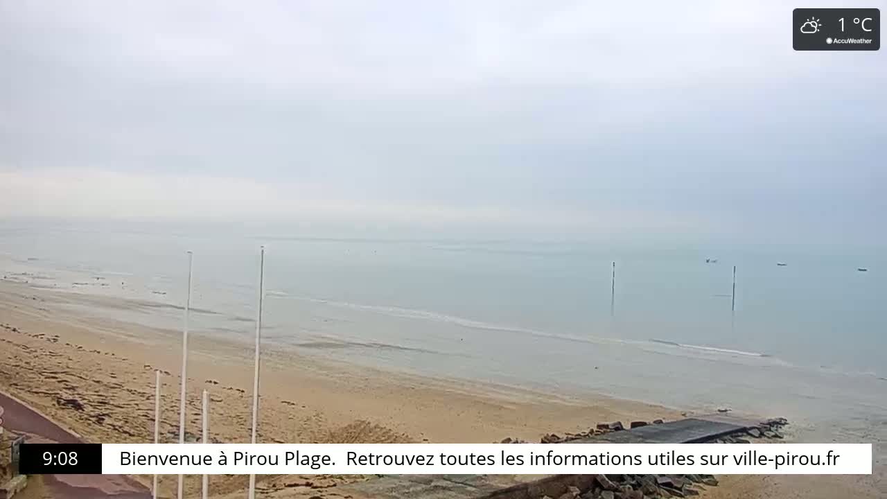 A mostly cloudy, cool day is shown at a sandy beach with calm, light-colored water extending to the horizon.