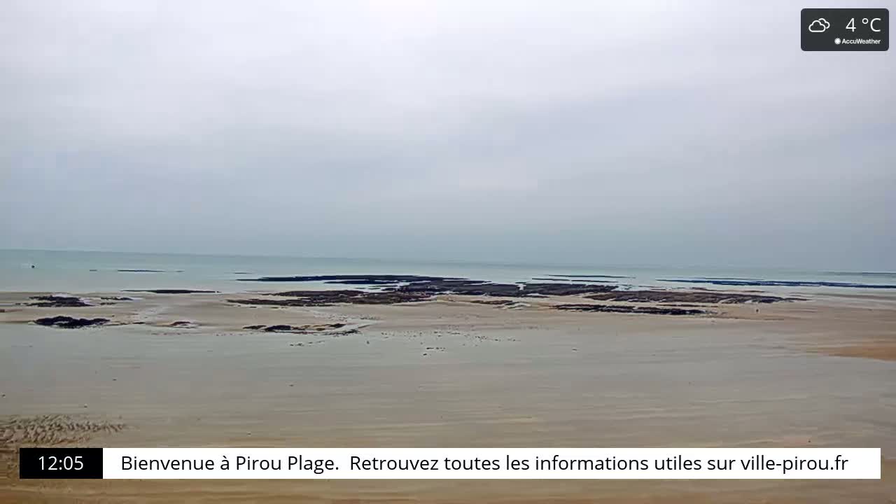 A wide, sandy beach stretches to a calm, light-grey ocean under an overcast sky.