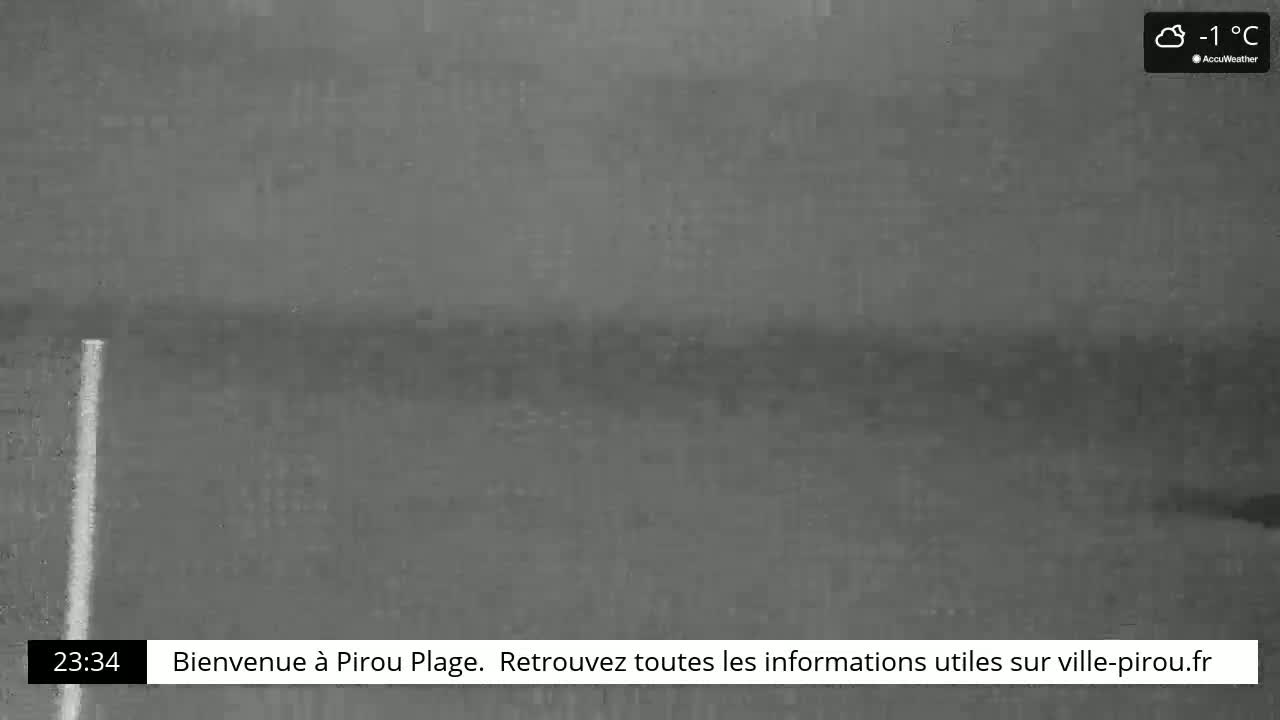 A grainy, low-light nighttime image shows a dark, flat expanse, possibly a beach or road, with a single vertical white line, under cloudy conditions at -1°C.