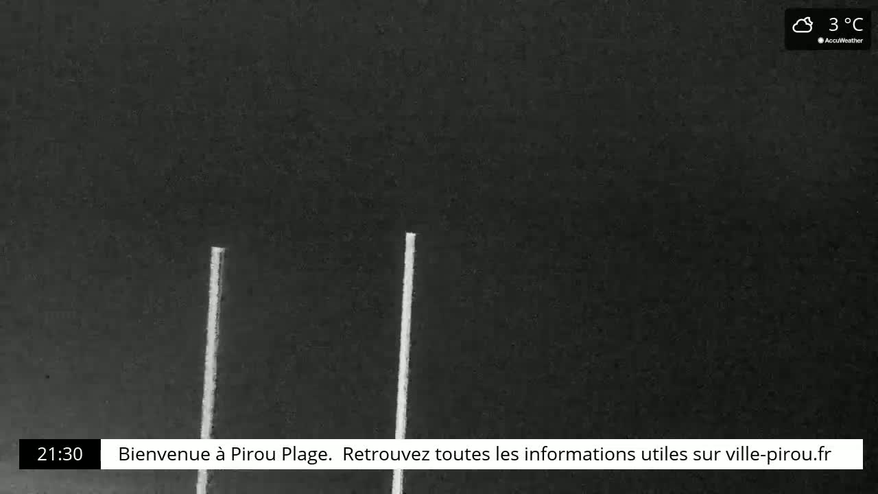 Two thin, vertical, bright lines are visible against a dark, nighttime background under cloudy skies at 3°C.