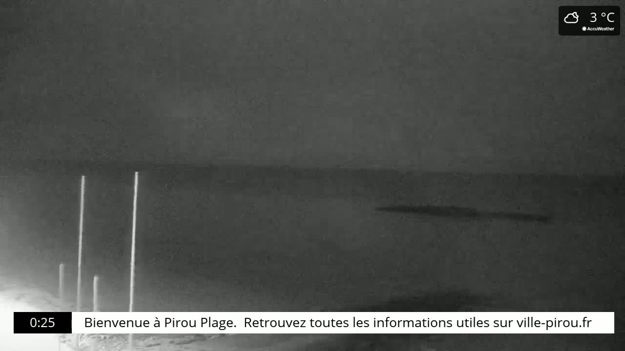 A nighttime, cloudy coastal scene shows a dark body of water under a 3°C sky, with several thin vertical poles visible in the foreground.
