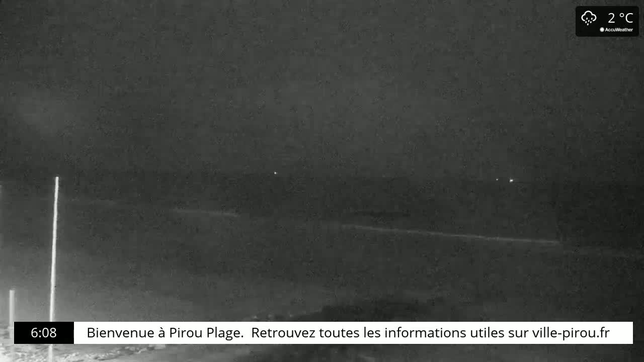 A dark, nighttime coastal scene shows a mostly flat body of water under a slightly overcast sky at 2°C.