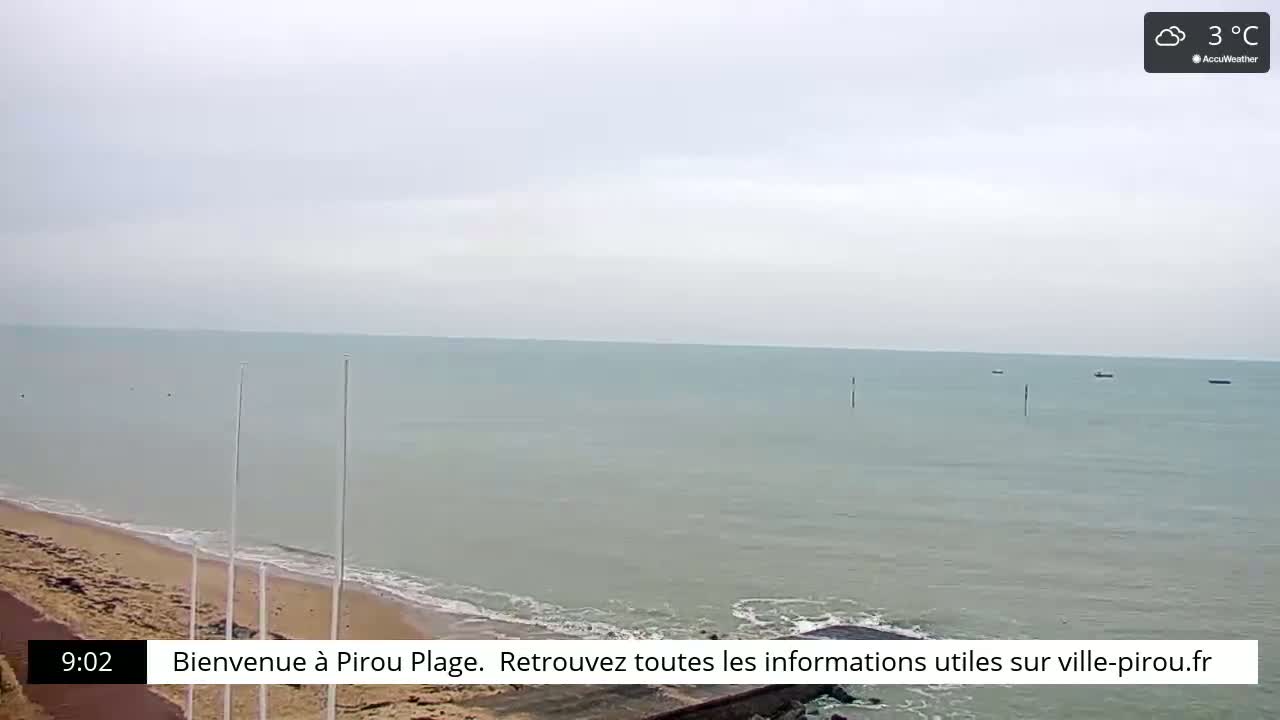 A calm, overcast ocean meets a sandy beach under a 3°C sky.