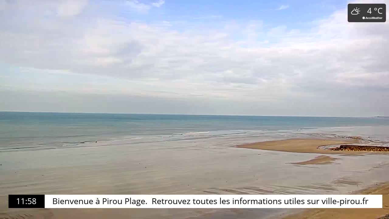 A mostly cloudy sky overlooks a wide sandy beach and calm ocean water under a 4°C temperature.