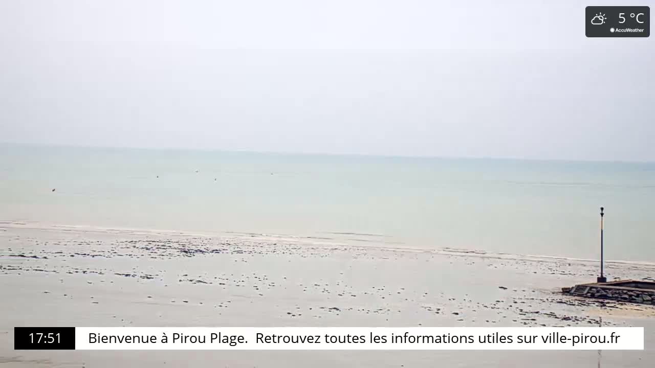 A mostly cloudy, 5°C day at a beach with calm, light-green water and a wide expanse of pale sand.