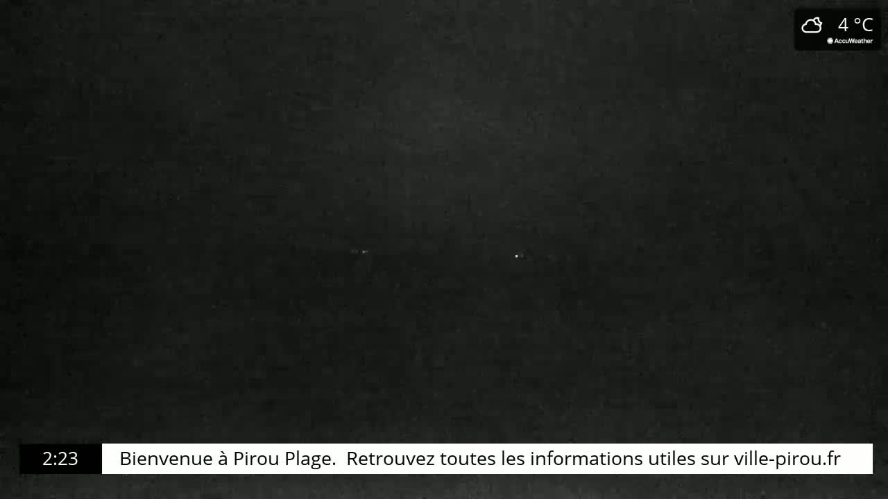 A dark, night-time scene with two faint lights in the distance, under cloudy skies at 4°C.