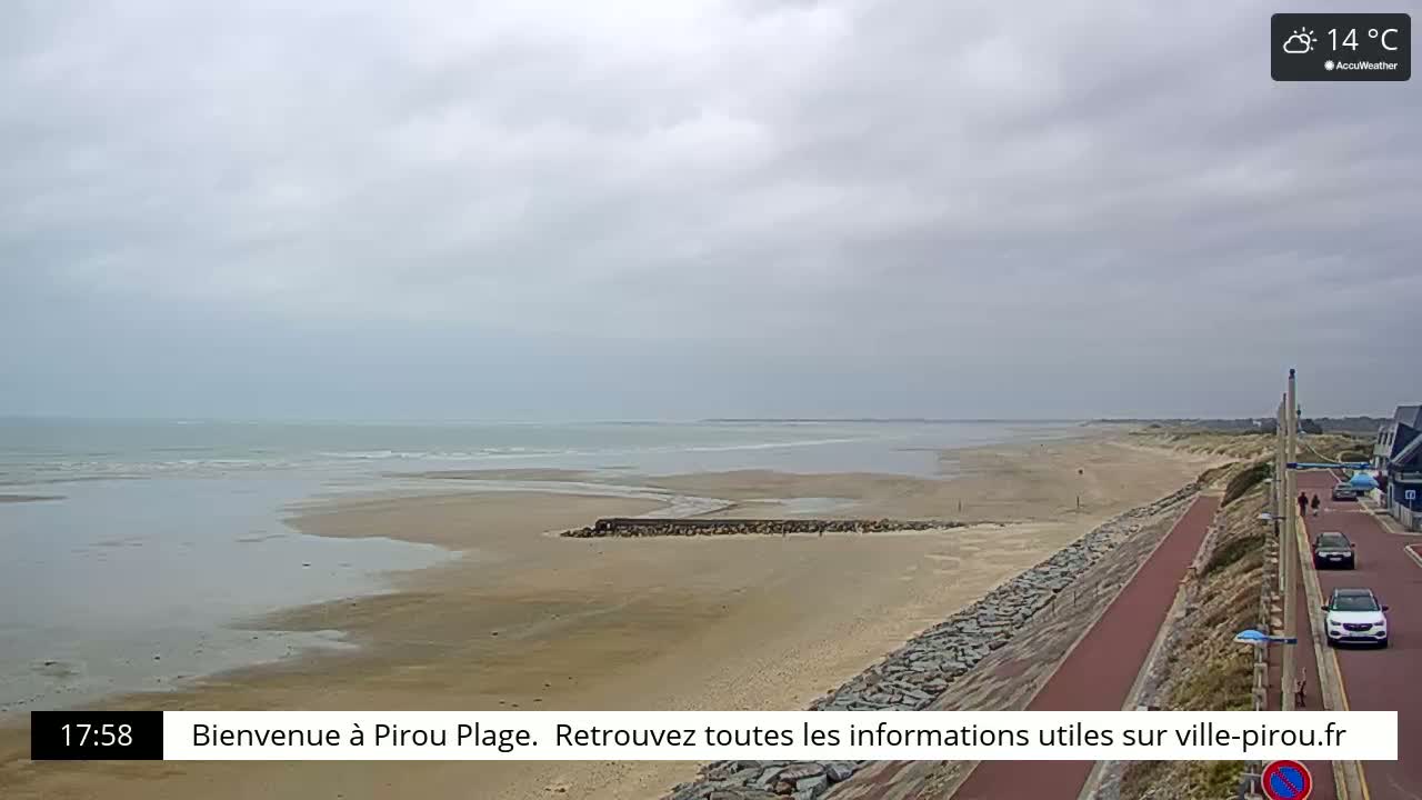 A wide sandy beach stretches to a calm ocean under an overcast sky.