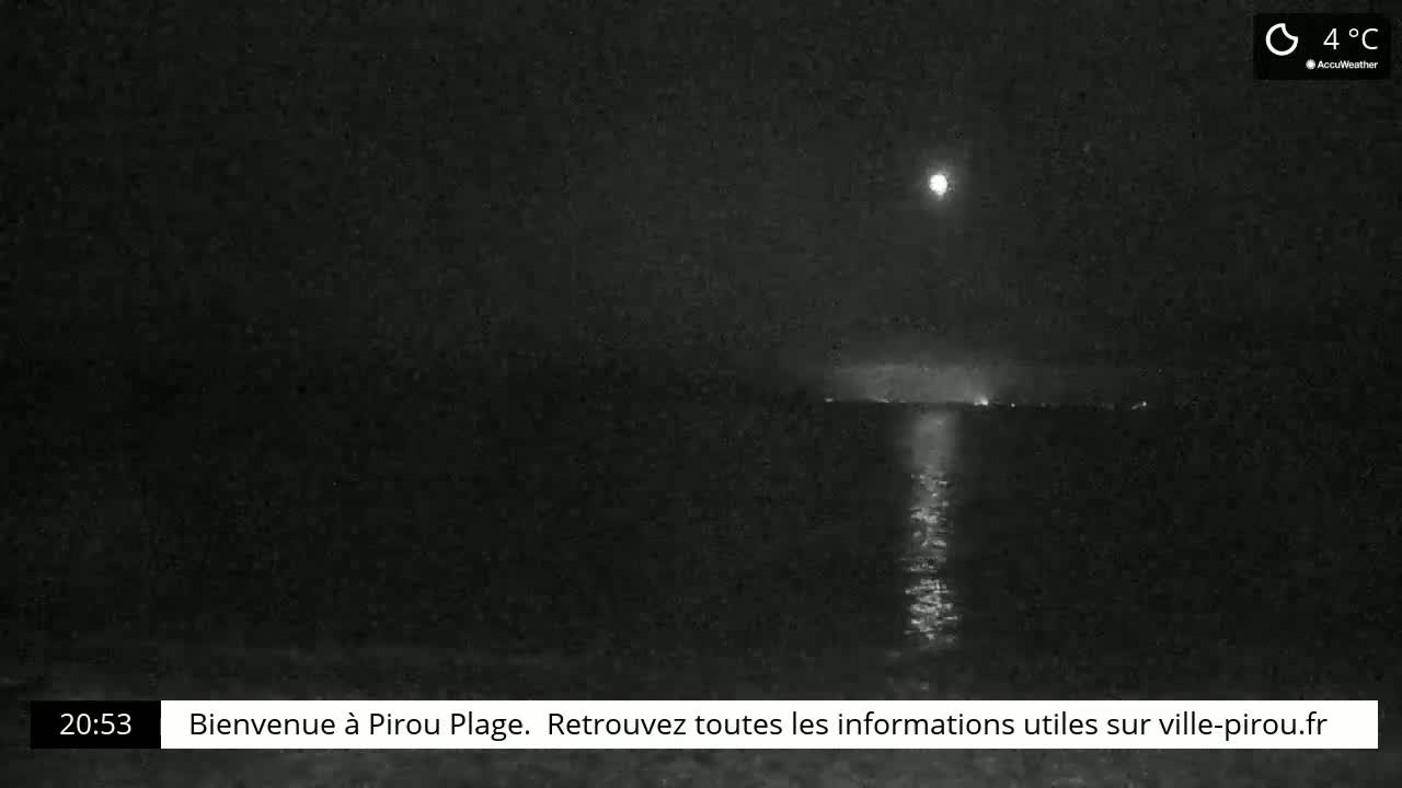 A nighttime view of a calm body of water under a bright moon, with a temperature of 4°C.