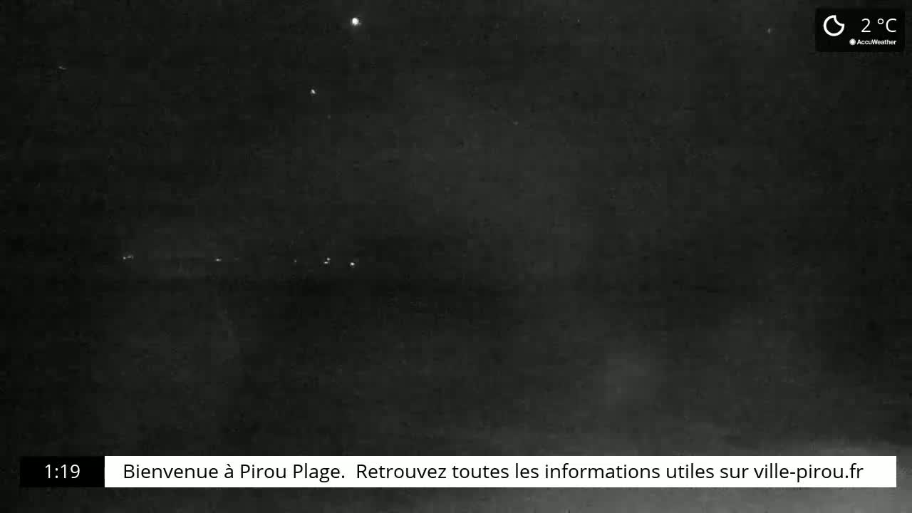 A dark, nighttime scene shows a dimly lit horizon with a few faint lights, under a mostly clear sky at 2°C.