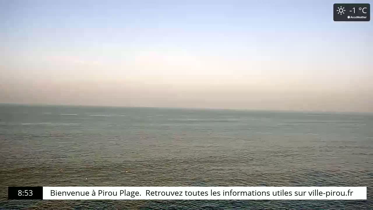A calm, gray ocean is visible under a pale sky, with a temperature of -1°C.