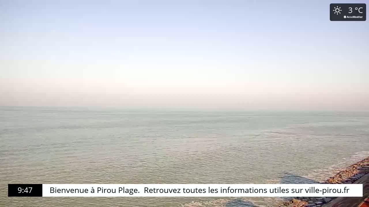 A calm, light-grey sea stretches to a hazy horizon under a clear, pale sky; the temperature is 3°C.