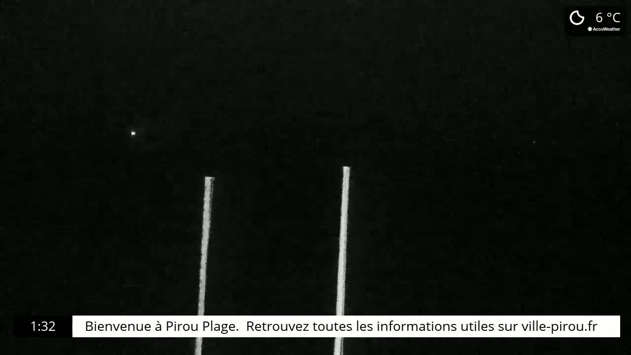 A nighttime image shows two vertical white lines against a dark sky with a single bright light visible in the distance; the temperature is 6°C.