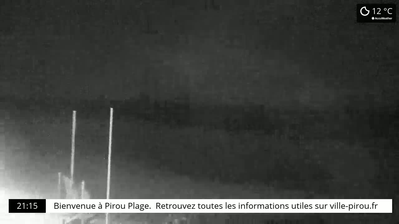 A nighttime, low-light image shows two tall, thin, light-colored poles in front of a dark, blurry background under a dark sky; the air temperature is 12°C.