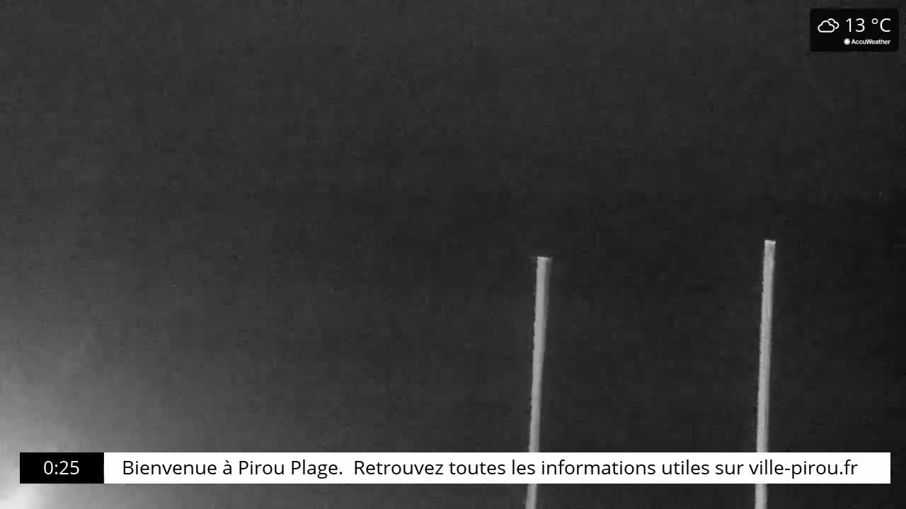 A dark, overcast nighttime scene shows two tall, thin, light-colored vertical objects.