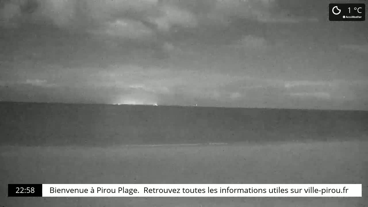A nighttime, overcast beach scene shows a dark ocean under a cloudy sky, with the temperature at 1°C.