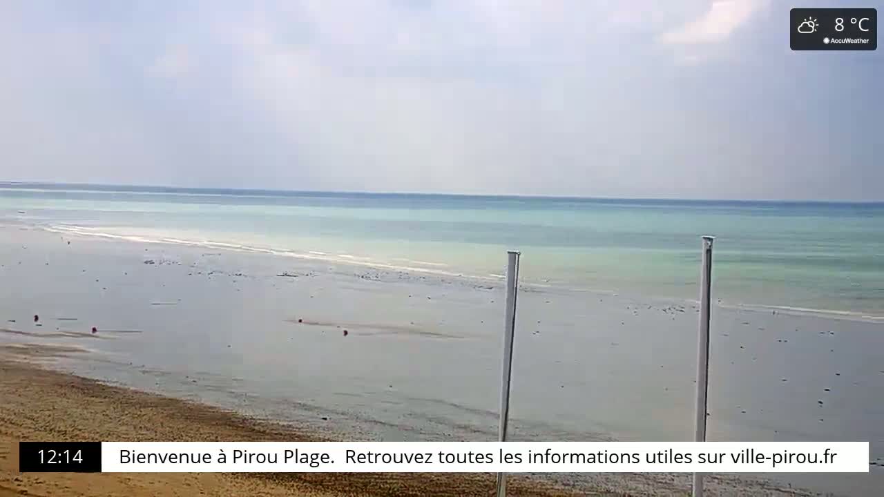 A mostly sunny beach with calm, light-green water stretches to the horizon under a partly cloudy sky.