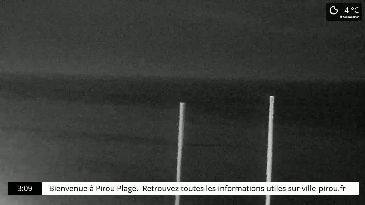 A nighttime, low-light view of a dark body of water with two thin, vertical poles in the foreground, and a temperature of 4°C.
