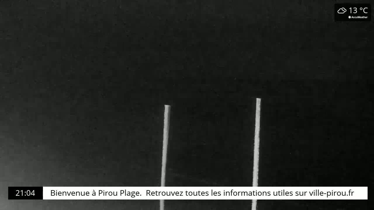 Two thin, vertical, light-colored poles stand against a dark, nighttime background under cloudy skies at 13°C.