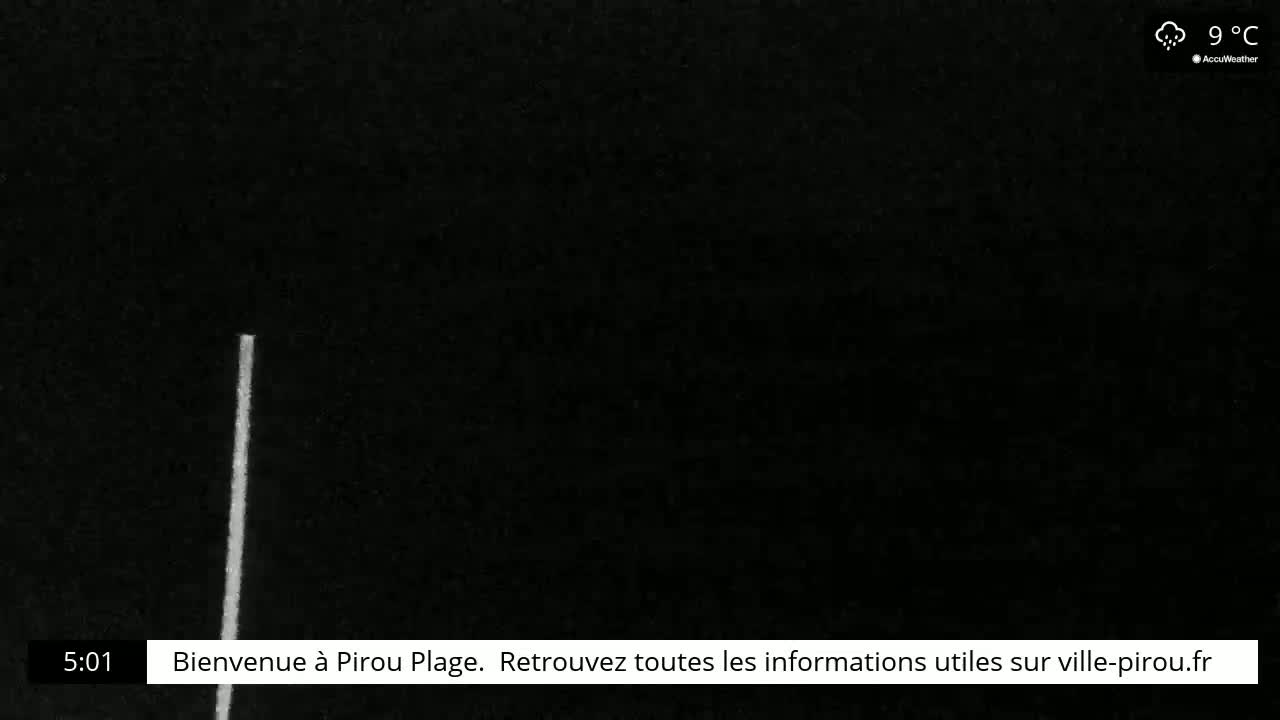 A nearly black and white image shows a thin, vertical white line against a dark background under nighttime conditions.