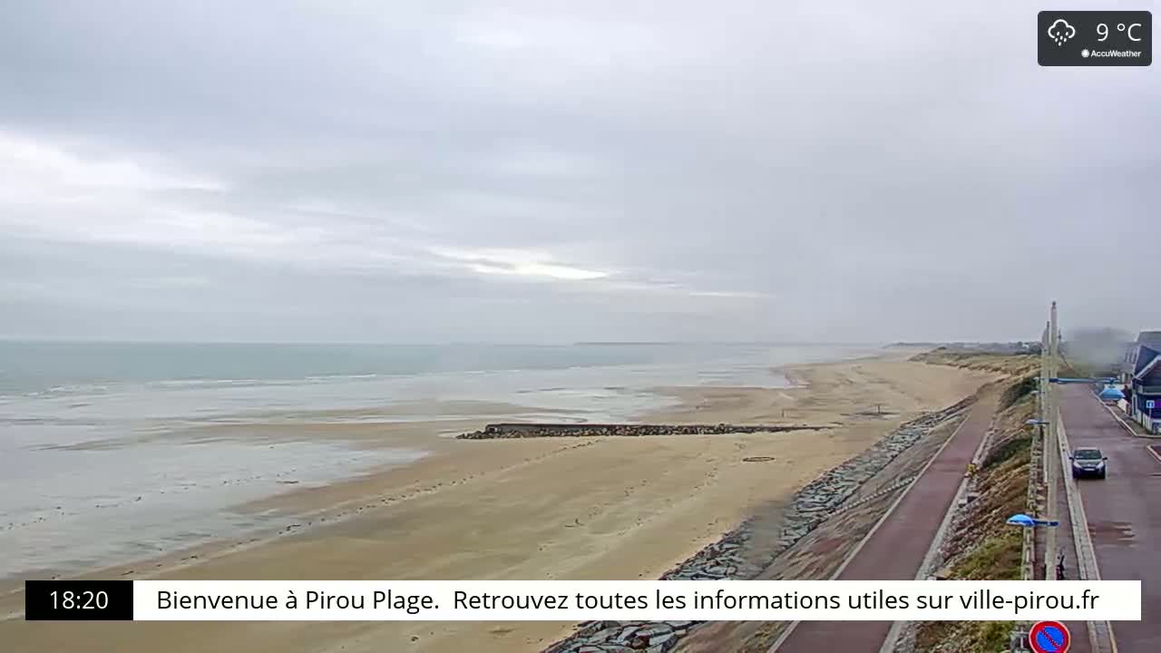 A wide sandy beach stretches to a calm, overcast ocean under a cloudy, 9°C sky, with a paved road and seawall bordering the beach.