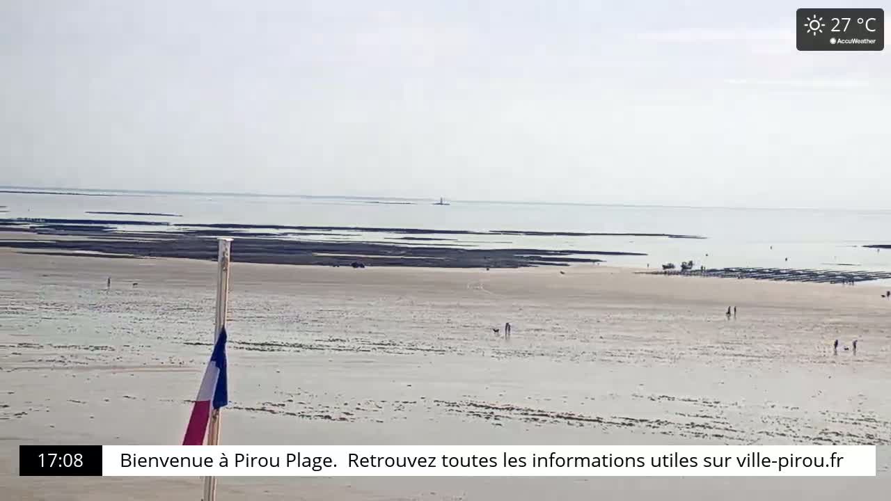 A wide expanse of sandy beach at low tide stretches toward a calm ocean under a sunny, 27°C sky; a few people are scattered across the beach.